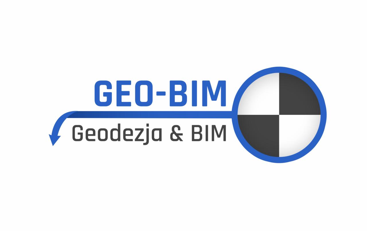 Logo firmy GEO-BIM z napisem Geodezja & BIM, niebieskim akcentem graficznym i okręgiem podzielonym na cztery pola w kolorach białym i czarnym.
