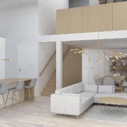 Jasne, przestronne wnętrze domu z otwartą kuchnią, jadalnią i salonem. Minimalistyczny design z drewnianymi akcentami i nowoczesnym oświetleniem.