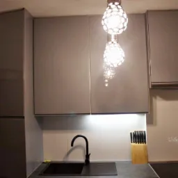 Nowoczesna kuchnia z szarymi, lakierowanymi szafkami, czarnym zlewozmywakiem i dekoracyjnymi lampami w kształcie żarówek, widoczny napis 'Usługi stolarskie JEDZURA'.