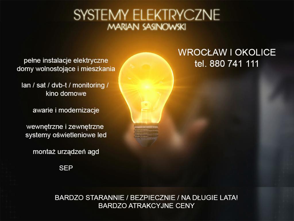 Ilustracja reklamowa firmy 'Systemy Elektryczne Marian Sasinowski' z Wrocławia, oferującej pełne instalacje elektryczne, systemy oświetleniowe LED, montaż urządzeń AGD, instalacje LAN/SAT/DVB-T...