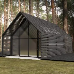 Wizualizacja nowoczesnego domu z przeszkloną fasadą i drewnianymi lamelami na tle leśnym.