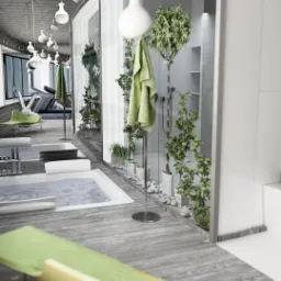 Nowoczesna łazienka z wannami jacuzzi, zielonymi roślinami w donicach, szklaną kabiną prysznicową i leżankami w odcieniach zieleni i żółci.