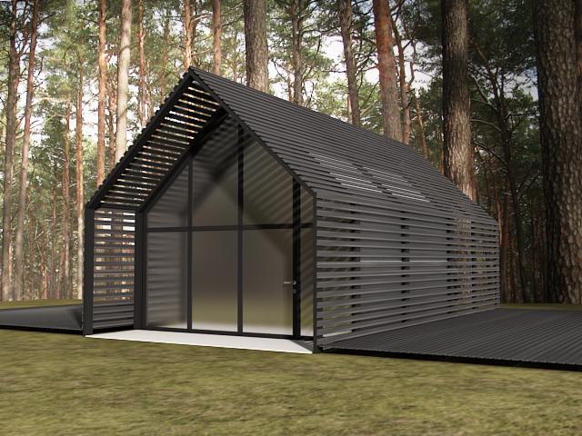 Wizualizacja nowoczesnego domu z przeszkloną fasadą i drewnianymi lamelami na tle leśnym.