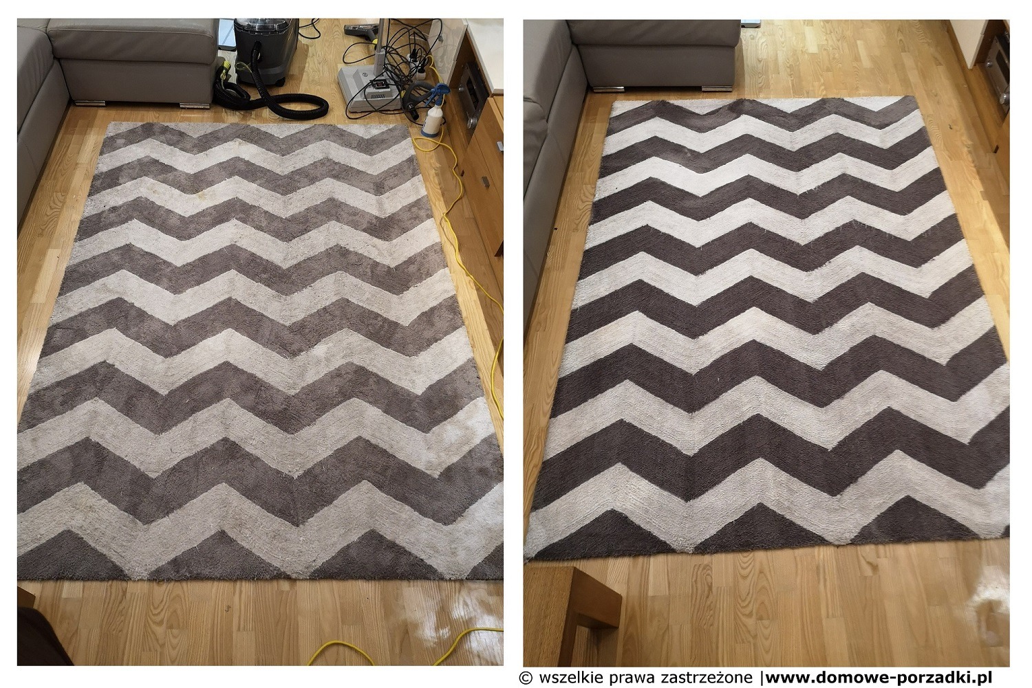Dywan w zygzaki przed i po czyszczeniu, widoczne różnice w kolorze i strukturze włókien na dwóch połówkach zdjęcia.