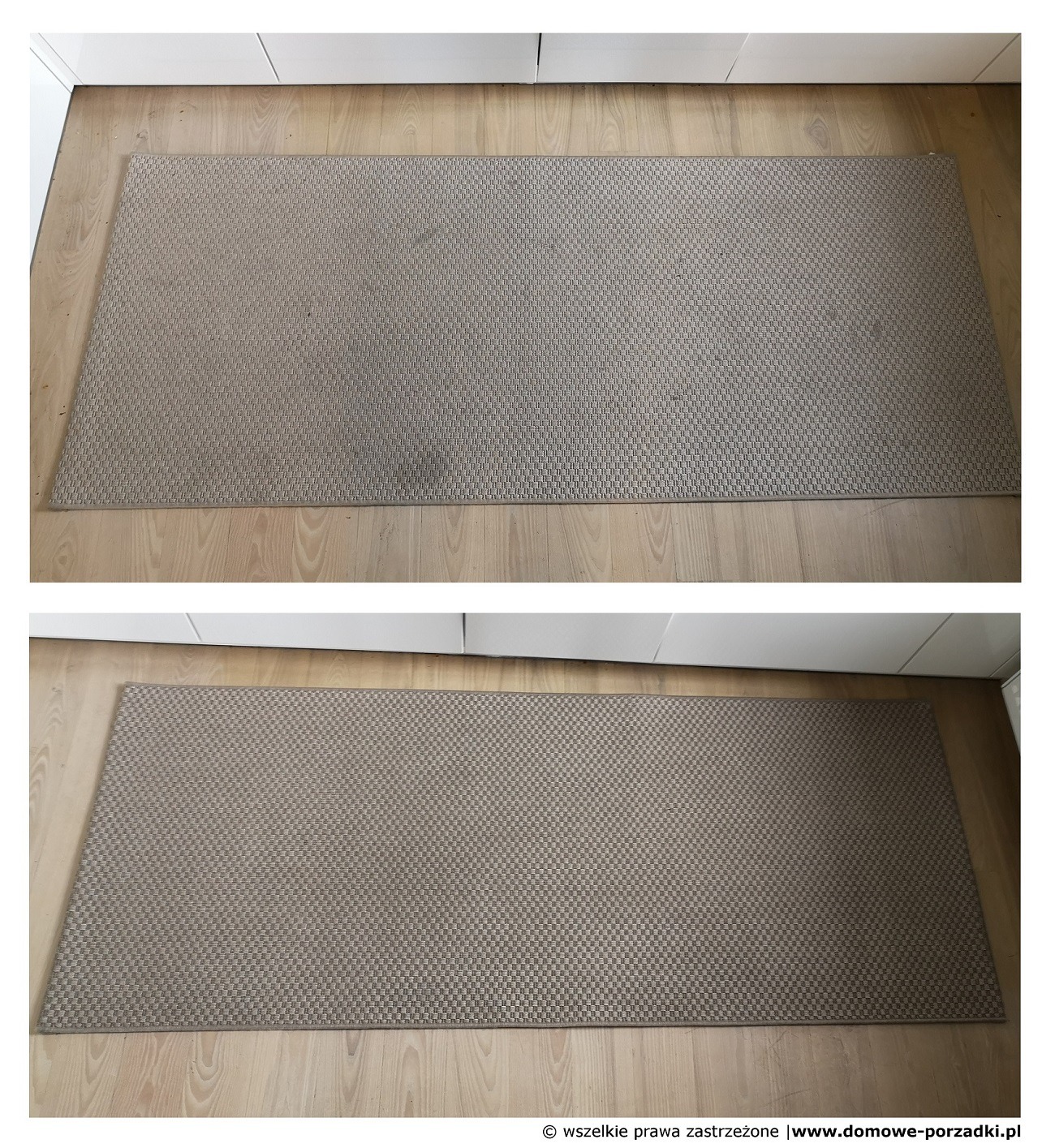 Dywanik z plamami przed i po czyszczeniu, widoczne różnice w odcieniu na tle drewnianej podłogi.