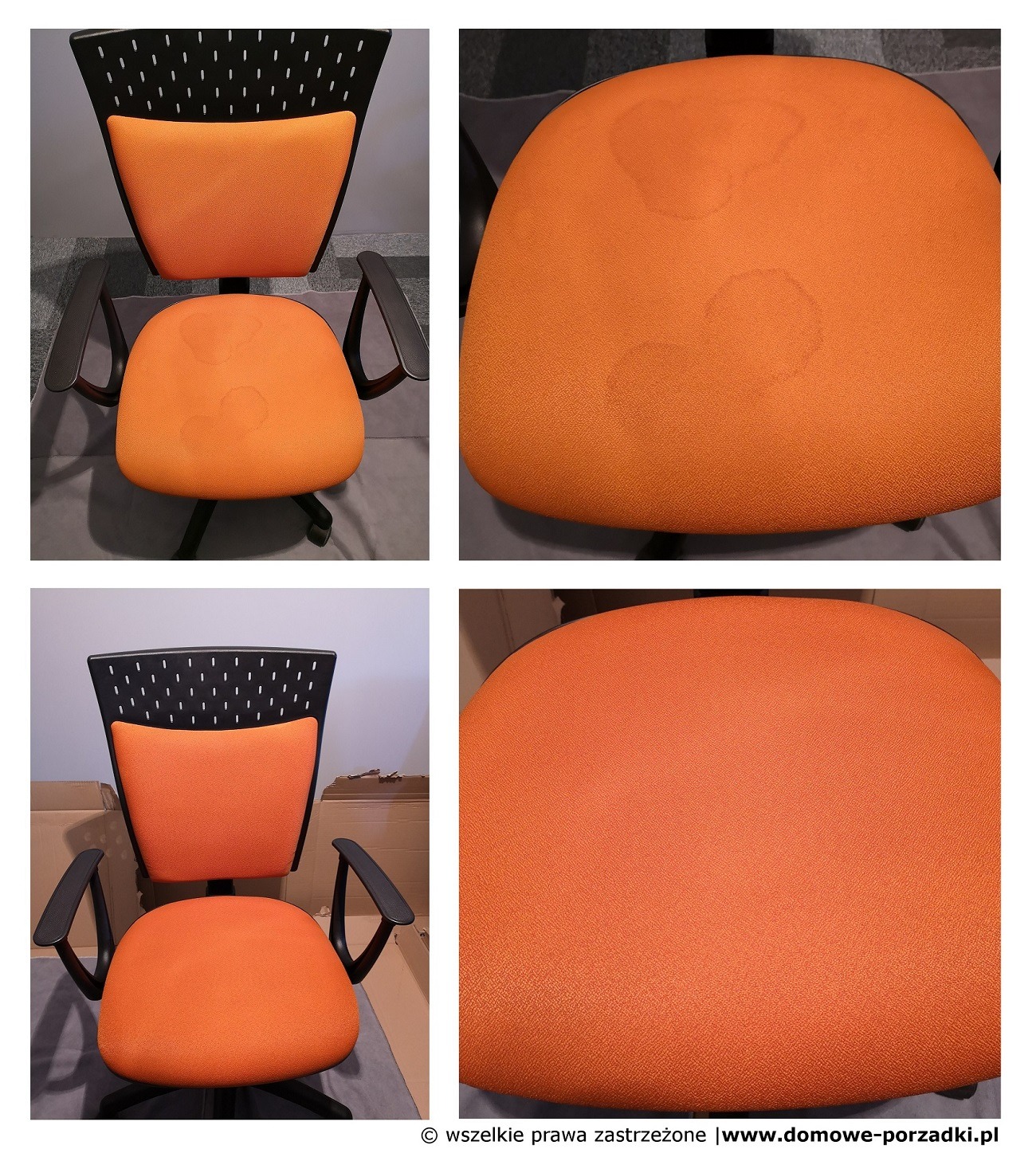 Pomarańczowe krzesło biurowe z plamami na siedzisku, widoczne w dwóch różnych ujęciach: całe krzesło z przodu i zbliżenie na siedzisko.