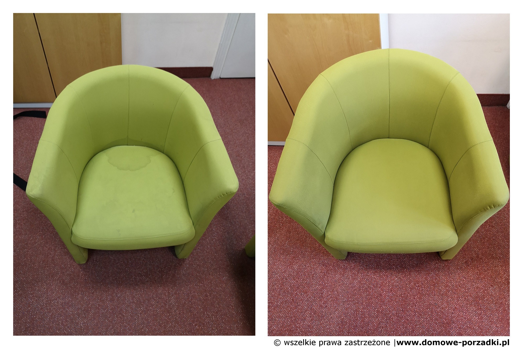 Porównanie: fotel tapicerowany w odcieniu limonki przed i po czyszczeniu, widoczne różnice w plamach i ogólnym wyglądzie tapicerki.