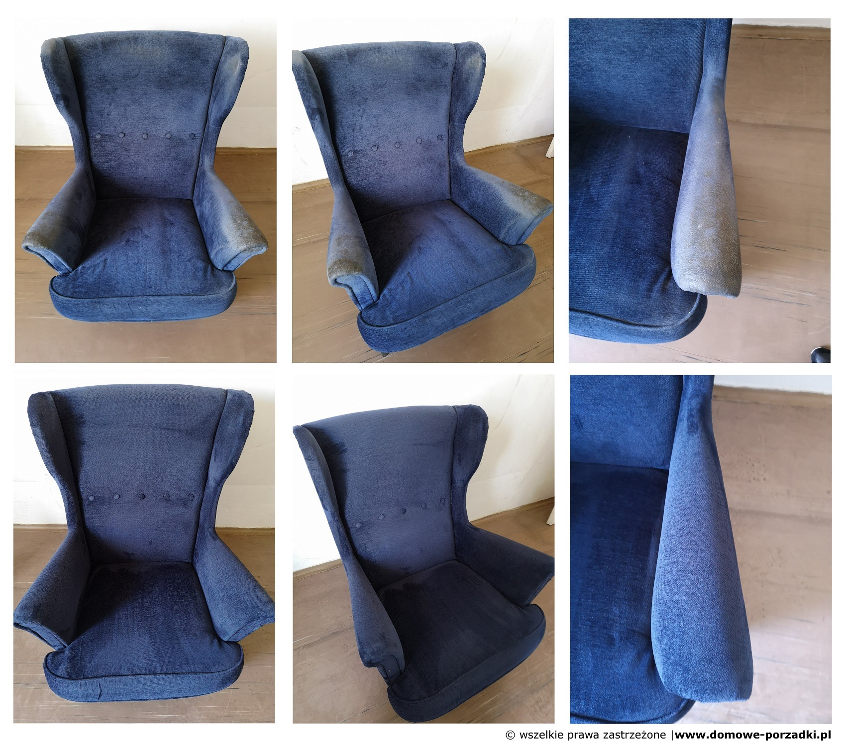 Granatowy fotel typu uszak przed i po czyszczeniu, widoczne różnice w odcieniu i plamy na podłokietnikach.