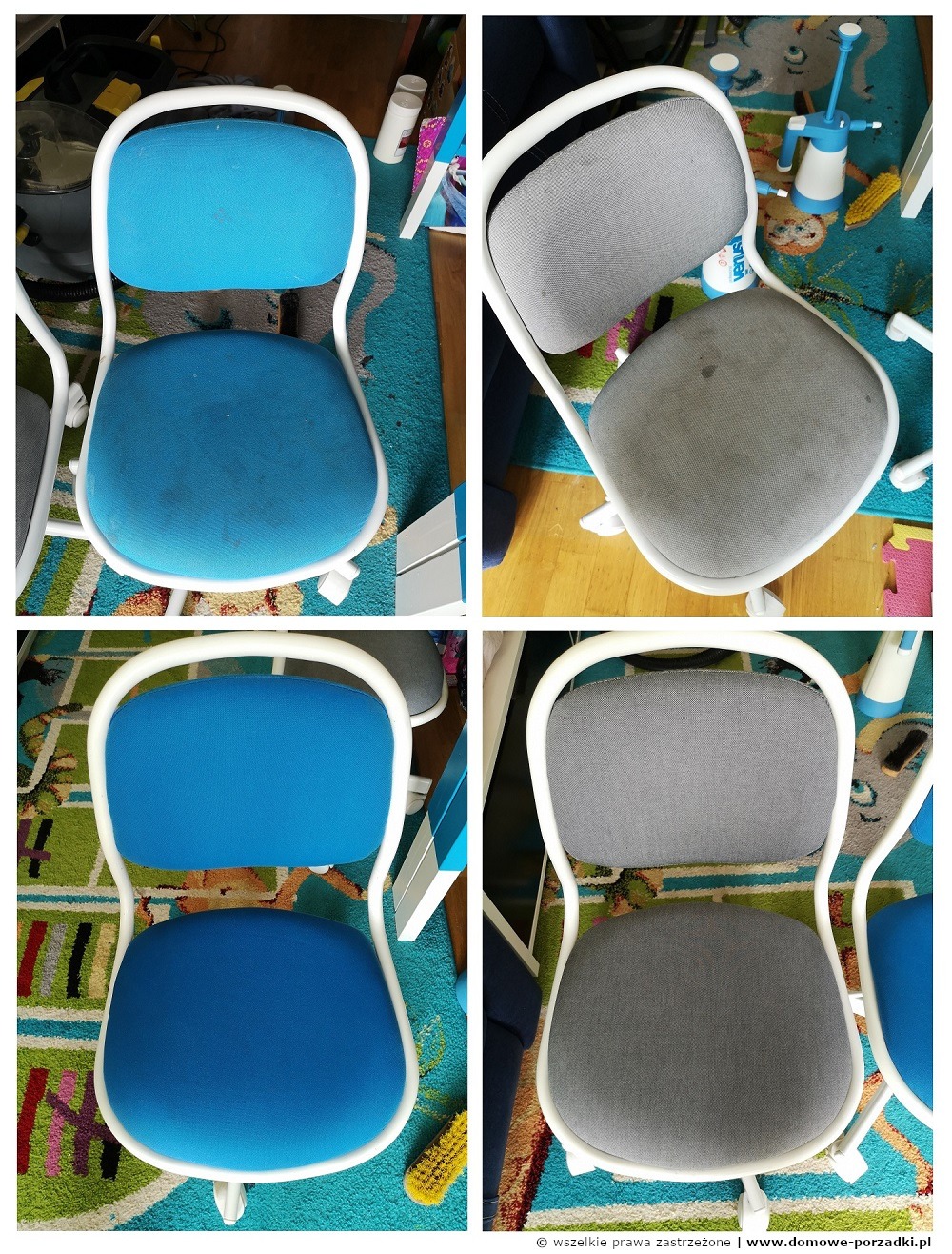 Kolaż przedstawiający krzesło biurowe z tapicerką w kolorze niebieskim i szarym: po lewej czyste, po prawej z widocznymi plamami przed czyszczeniem.