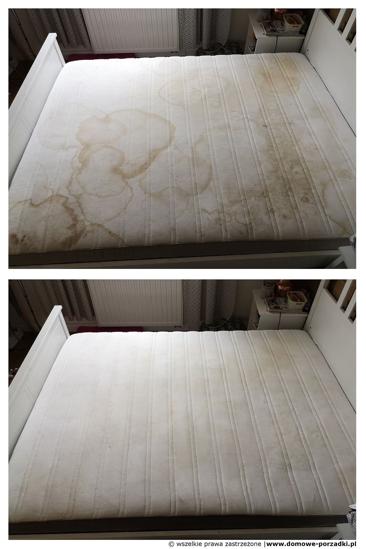 Materac łóżka przed i po czyszczeniu, widoczne brązowe plamy usunięte po praniu tapicerki.