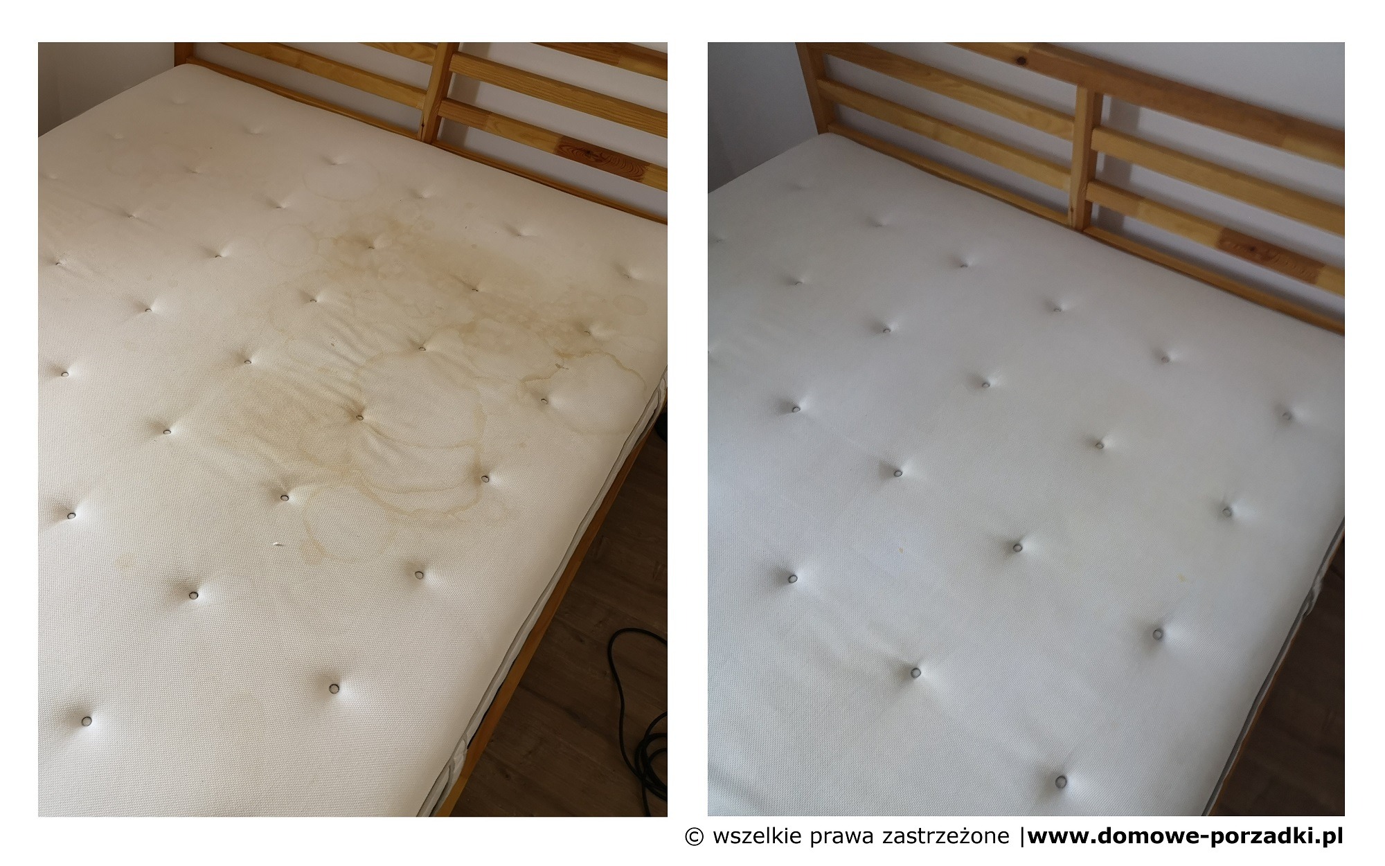 Materac na drewnianym łóżku, widok z góry, lewa strona z wyraźnymi plamami i zabrudzeniami, prawa strona czysta po zabiegu czyszczenia.