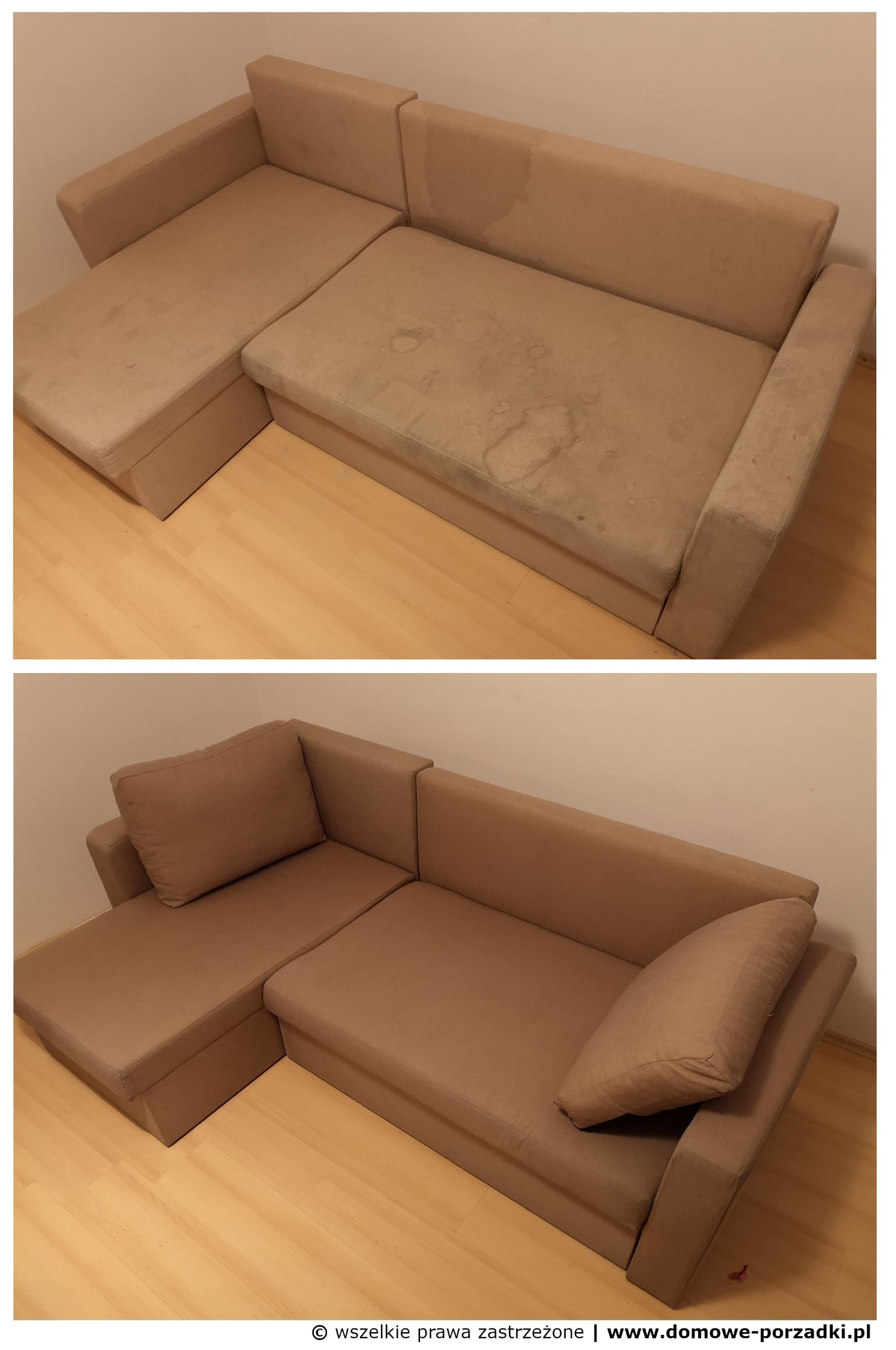 Zdjęcie przedstawia narożnik tapicerowany w odcieniach beżu, ukazujący efekt czyszczenia: górna część pokazuje narożnik z widocznymi plamami i zabrudzeniami na siedzisku i oparciu, natomiast dolna...