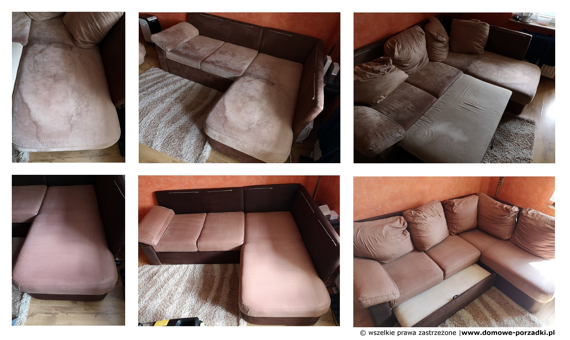 Kolaż sześciu zdjęć przedstawiających narożnik z widocznymi plamami i przebarwieniami na tapicerce, sugerujący potrzebę czyszczenia, na tle dywanu i ściany w odcieniach pomarańczy.