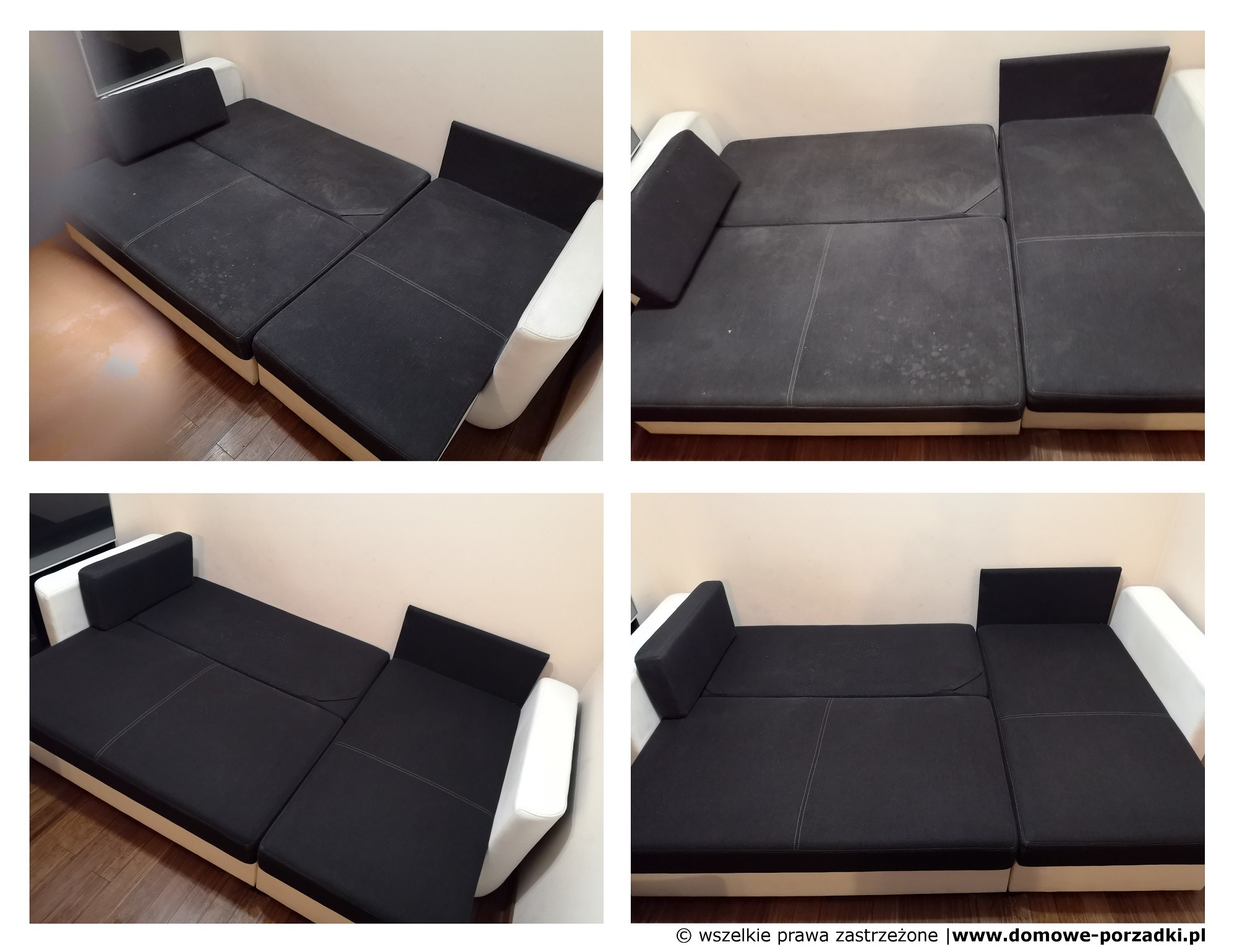 Cztery ujęcia rozłożonej, narożnej kanapy w kolorach czerni i bieli, widoczne plamy na tapicerce siedziska.