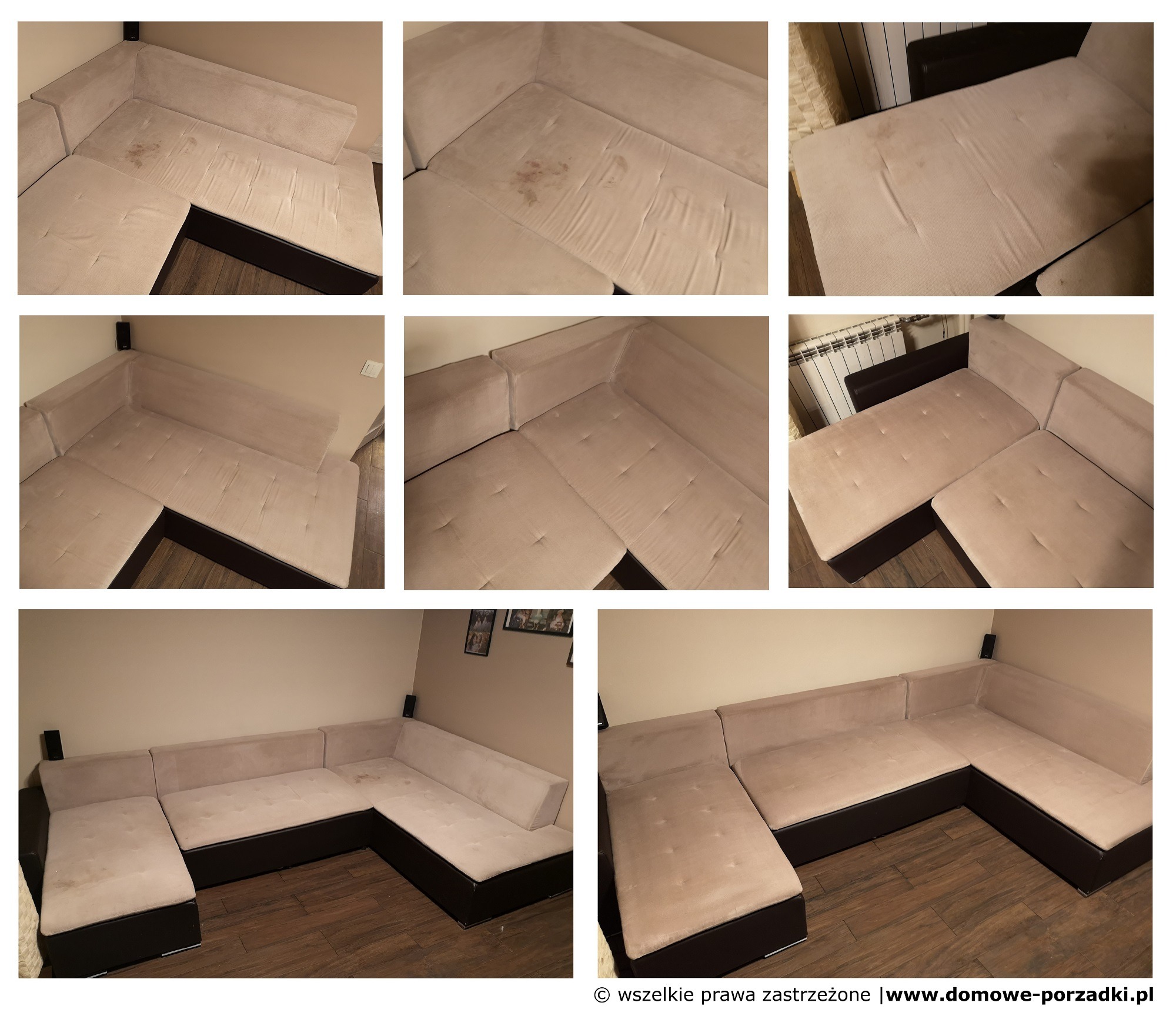 Narożnik tapicerowany z widocznymi plamami przed praniem, usługa oferowana w Krakowie.