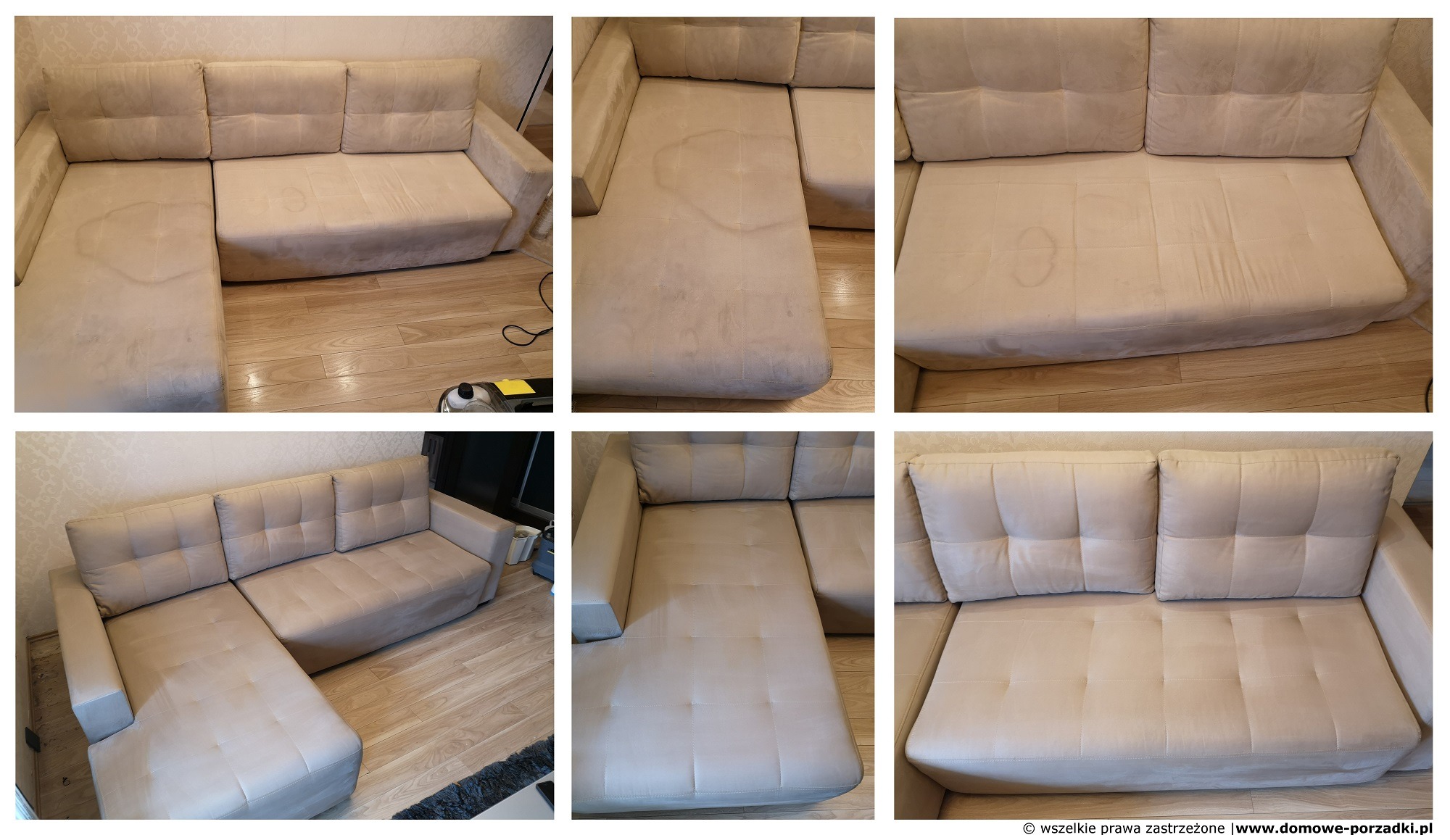 Kremowa kanapa narożna z widocznymi plamami przed i po czyszczeniu, prezentująca efekt usługi prania tapicerki, z widocznym sprzętem czyszczącym w tle.