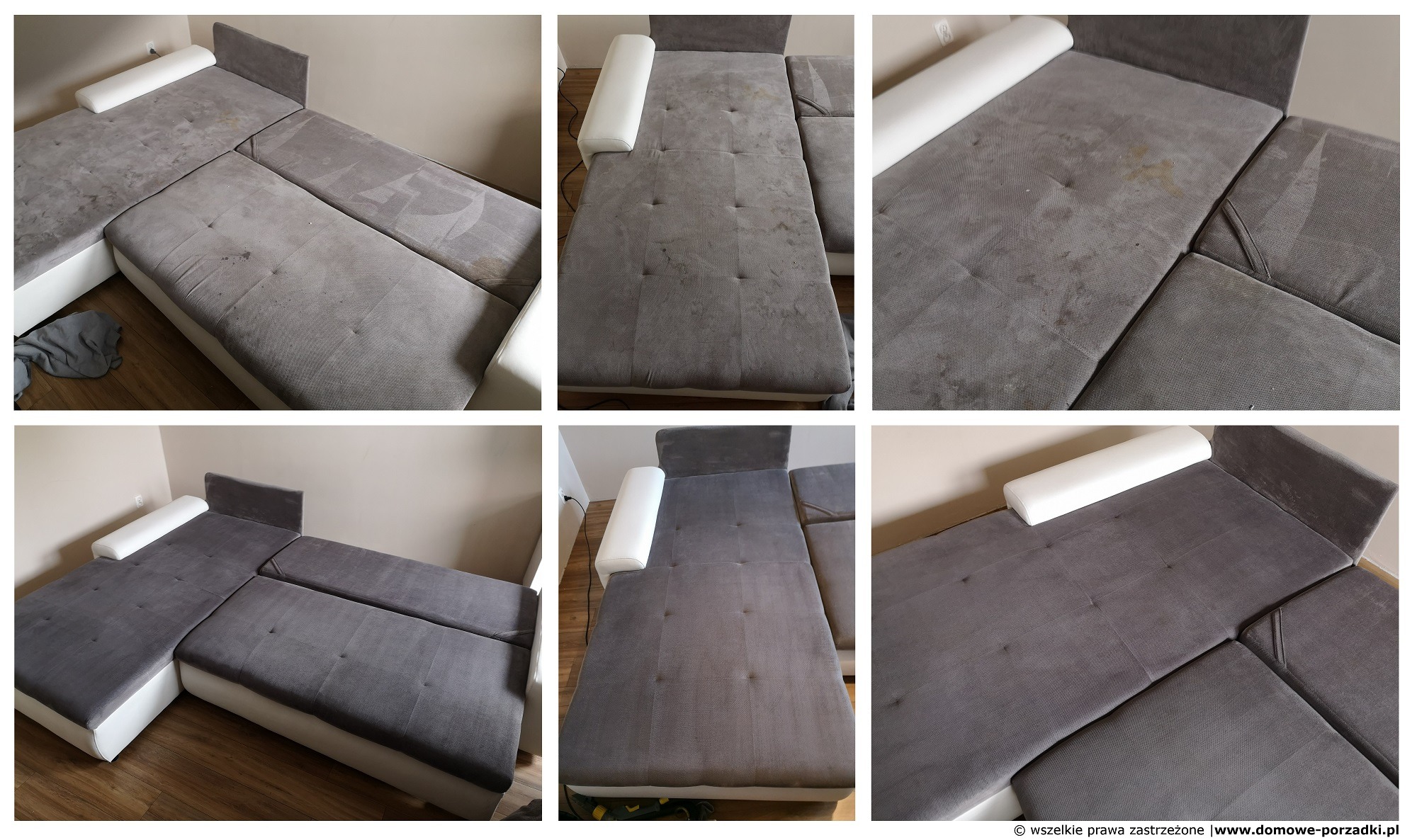 Szary narożnik z widocznymi plamami na tapicerce przed czyszczeniem, z białymi poduszkami i elementami wykończenia.