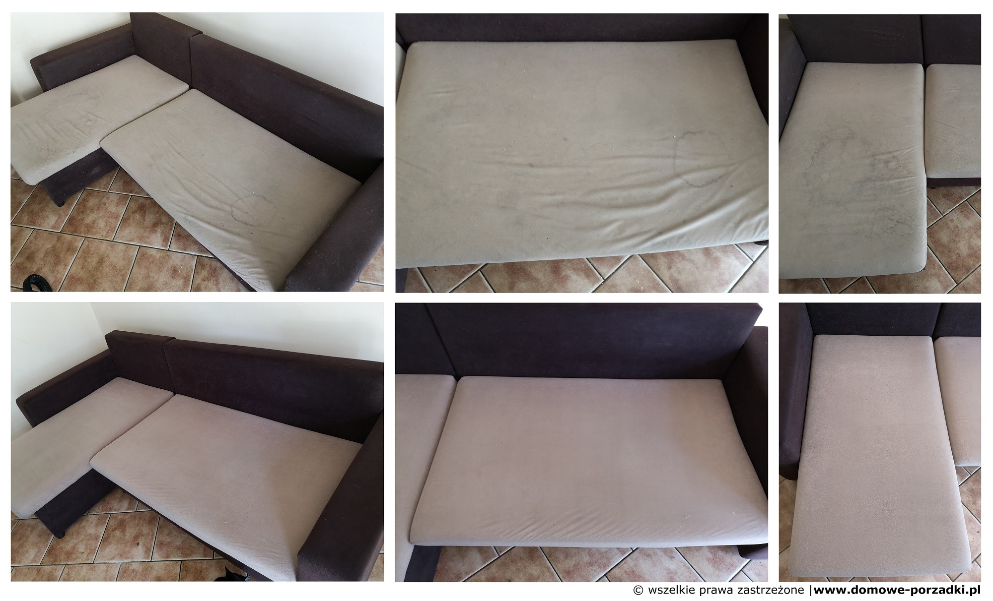 Kolaż przedstawiający sofę z ciemnobrązowymi bokami i beżową tapicerką przed i po czyszczeniu, widoczne plamy i przebarwienia na tapicerce przed czyszczeniem.
