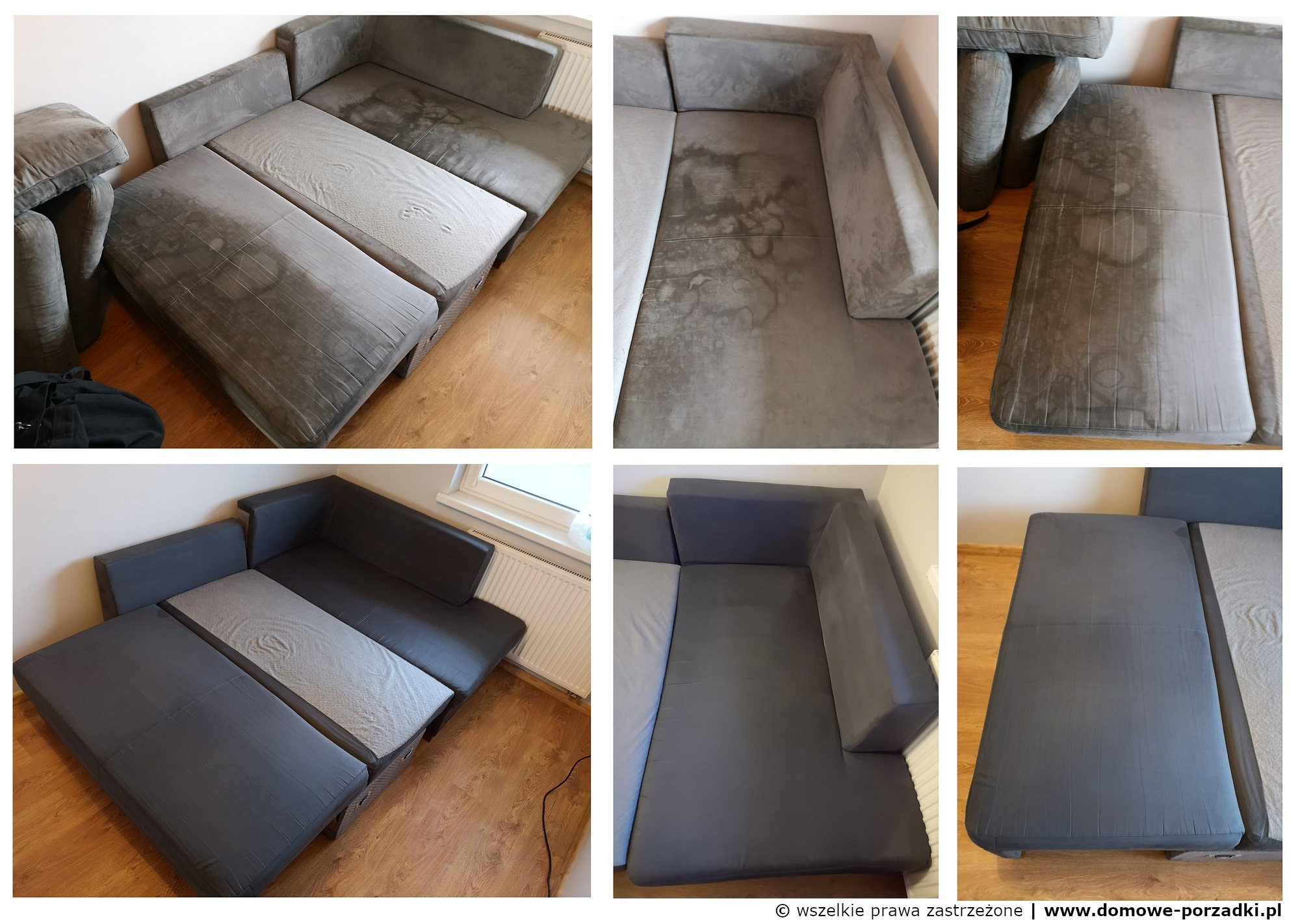Szara narożna kanapa z widocznymi plamami i zaciekami przed i po czyszczeniu, ukazana w różnych ujęciach.
