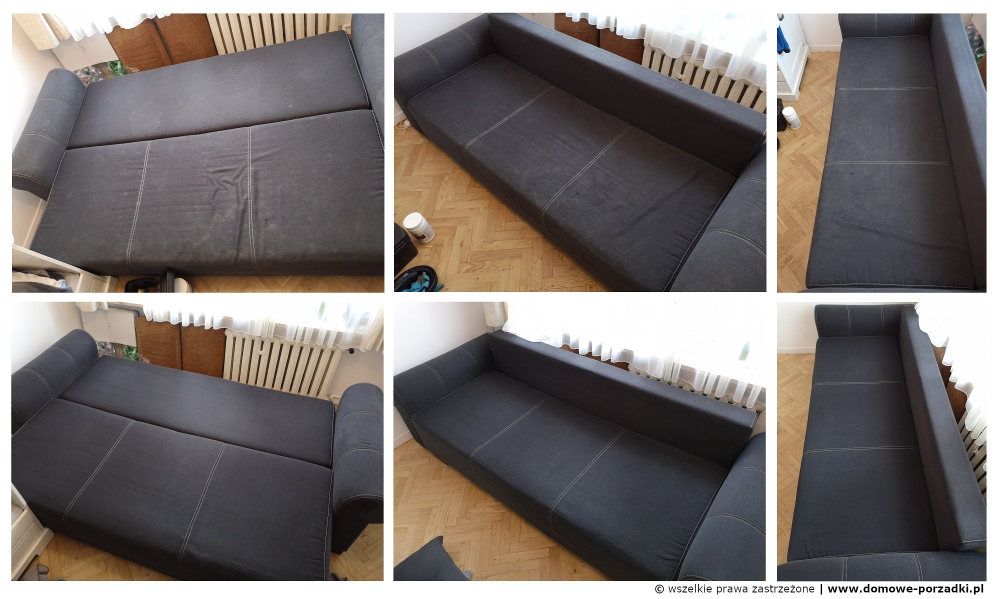 Kolaż przedstawiający szarą rozkładaną kanapę przed i po czyszczeniu, z widocznymi plamami na tapicerce przed zabiegiem.