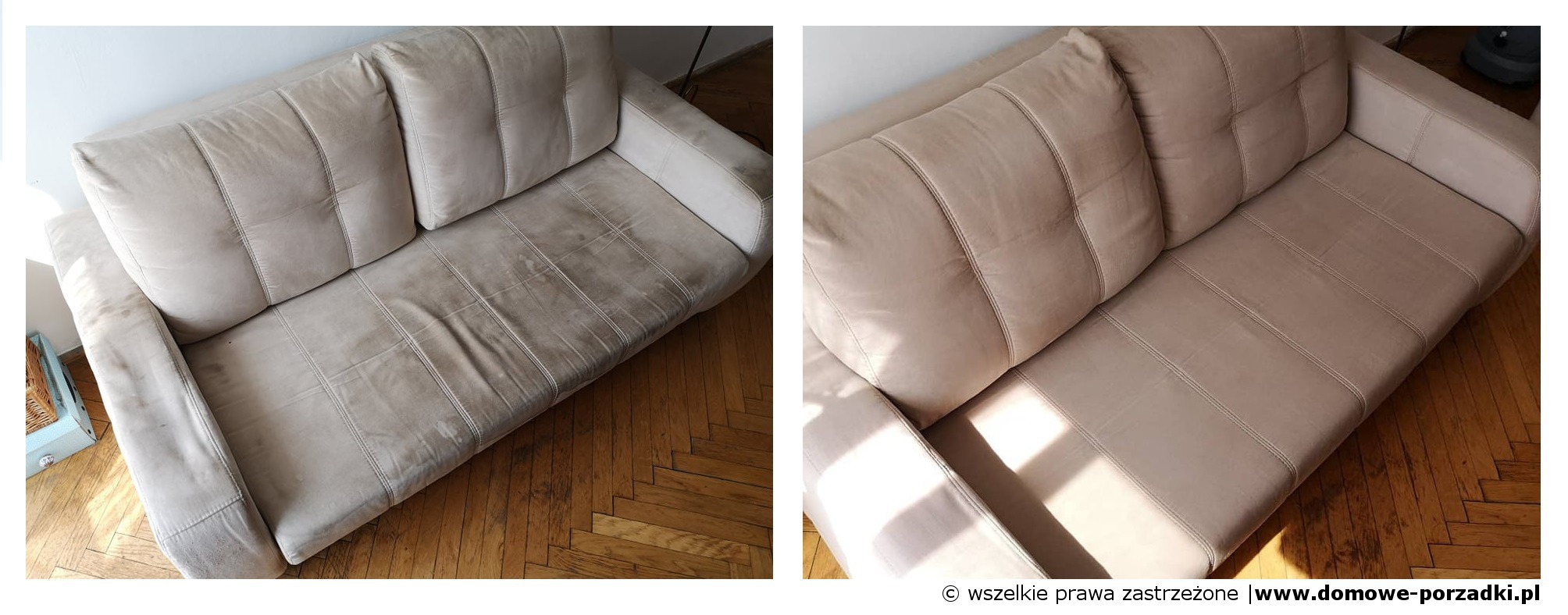 Beżowa kanapa przed i po czyszczeniu, widoczne plamy po lewej stronie i czysta powierzchnia po prawej, parkiet w jodełkę w tle.