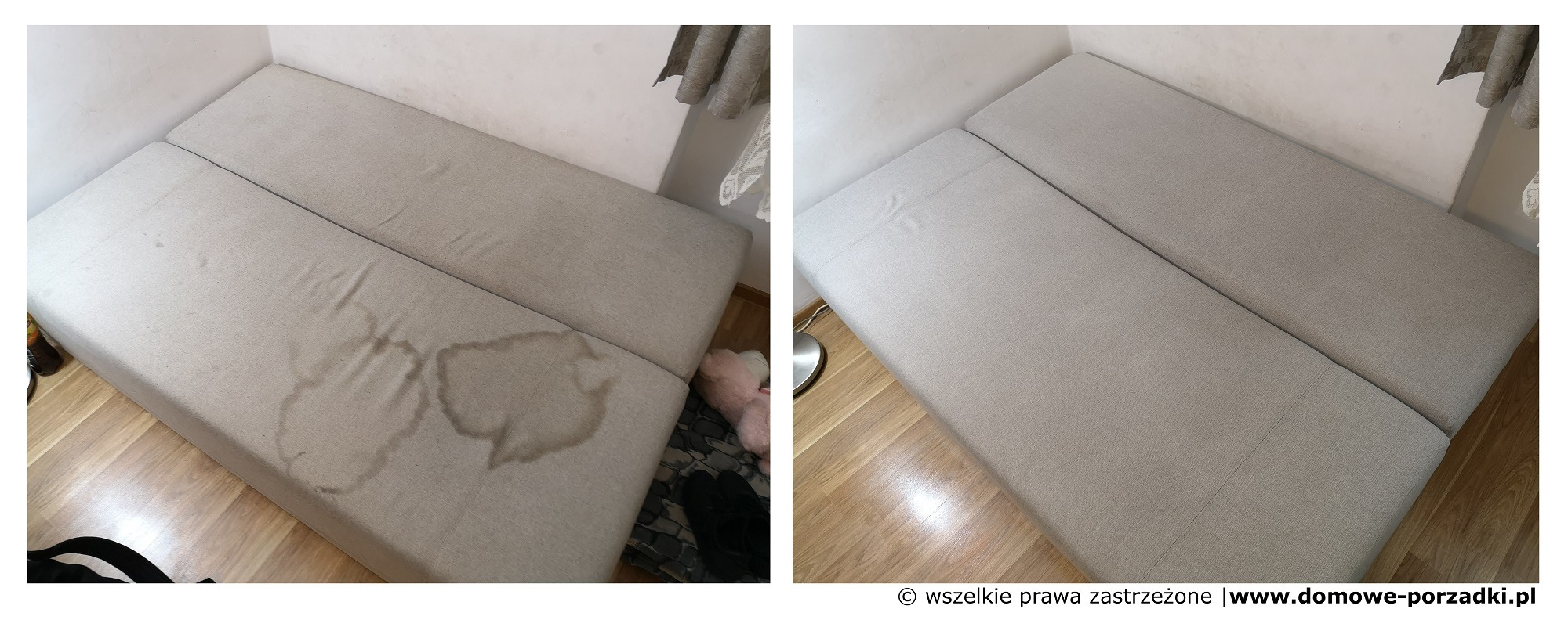 Dwa ujęcia tej samej kanapy przed i po praniu tapicerki, widoczne plamy usunięte z jasnej tkaniny.