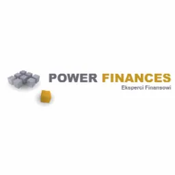 Logo firmy Power Finances z grupą szarych kostek 3D i pojedynczą złotą kostką, napis Power Finances w kolorach szarym i złotym, pod spodem napis Eksperci Finansowi.