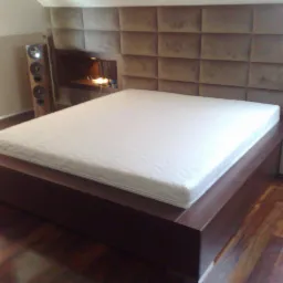 Nowoczesne łóżko z ciemnego drewna z tapicerowanym wezgłowiem w kwadraty, oświetlona półka w wezgłowiu, parkiet na podłodze.