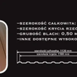 Ilustracja techniczna blachy trapezowej T-18, z podanymi wymiarami i dostępnymi wysokościami profili, na ciemnym tle.