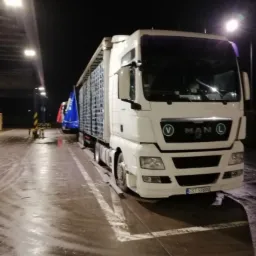 Biała ciężarówka MAN z naczepą klatkową załadowaną towarem, zaparkowana na mokrym placu pod zadaszeniem, w tle widoczne inne pojazdy.