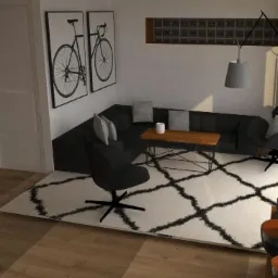 Wizualizacja salonu z narożną sofą, stolikiem kawowym, dywanem w geometryczne wzory i czarnymi fotelami na tle ścian z obrazami rowerów.