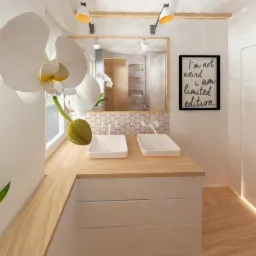 Wizualizacja łazienki z dwoma białymi umywalkami nablatowymi, drewnianym blatem i heksagonalnymi płytkami nad umywalkami, z dużym białym storczykiem w lewym rogu i lustrem odbijającym fragment...