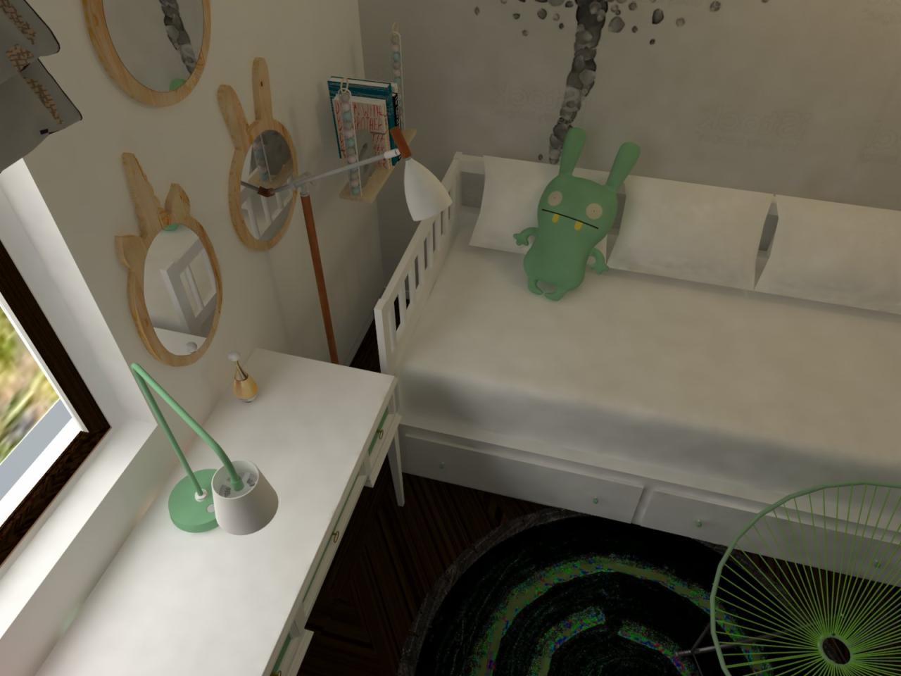 Pokój dziecięcy z białym łóżkiem, biurkiem przy oknie z lampką w kolorze mięty oraz okrągłymi lustrami w kształcie uszu królika na ścianie.