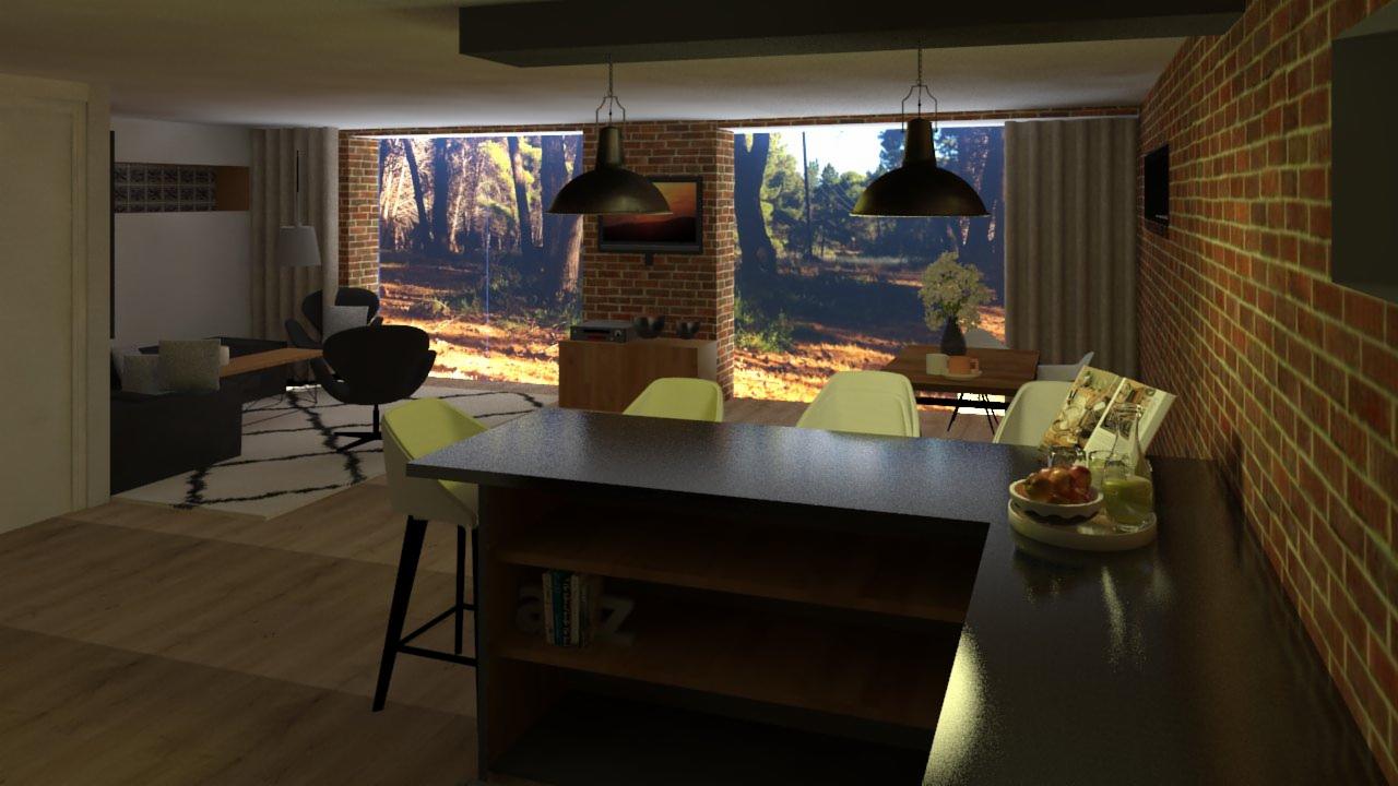 Wnętrze otwartej przestrzeni z ceglaną ścianą, widokiem na las za oknem, wyspą kuchenną z owocami i książkami, oraz salonem z czarnym fotelem na tle wzorzystego dywanu.