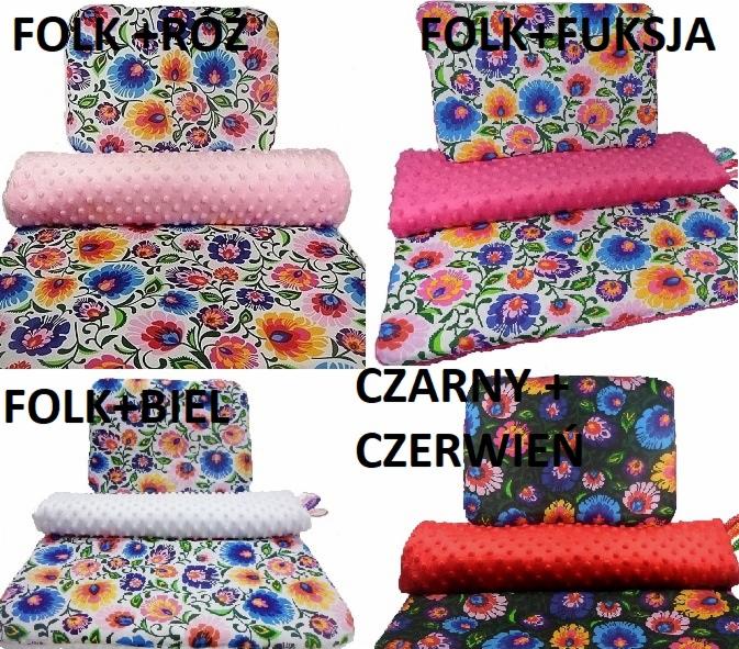 Kolekcja czterech kompletów pościeli dziecięcej z motywami kwiatowymi w stylu folk, każdy zestaw w innej kolorystyce: różowy, fuksja, biały i czarno-czerwony; widoczne poduszki i kołderki...