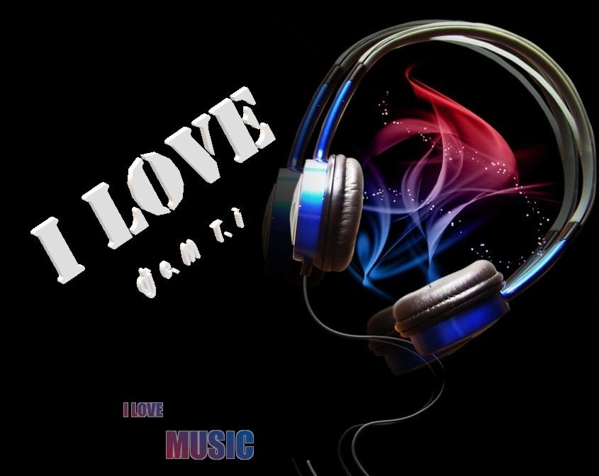 Grafika przedstawia słuchawki z niebieskimi akcentami, otoczone kolorowymi smugami przypominającymi dym, z napisem 'I LOVE' i 'MUSIC' na czarnym tle.