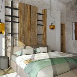 KRZYSZTOF BIELIK ARTCADE - STUDIO PROJEKTOWANIA WNĘTRZ - Stylowa sypialnia z drewnianymi akcentami i zielonymi roślinami w Miastku. Nowoczesny design z lampami wiszącymi i teksturowaną ścianą. Przytulne wnętrze.