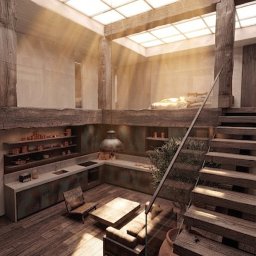 ArtCade Studio - Dwupoziomowe wnętrze w stylu loftowym z otwartą kuchnią, drewnianymi belkami i sypialnią na antresoli, rozświetlone promieniami słońca wpadającymi przez świetlik dachowy.