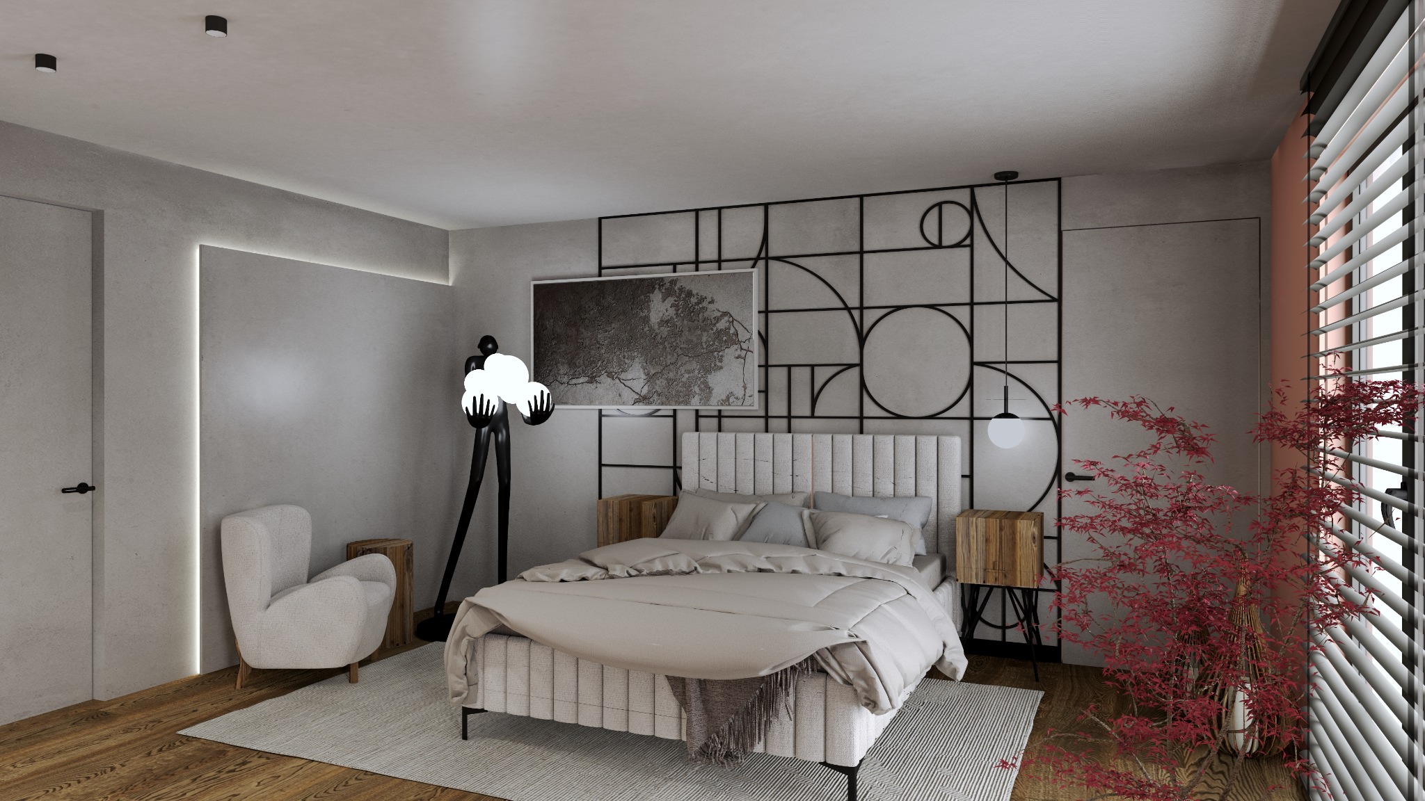 Nowoczesna sypialnia z łóżkiem z tapicerowanym zagłówkiem, geometryczną dekoracją ścienną, lampą w kształcie postaci i krzesłem o fakturze baranka.