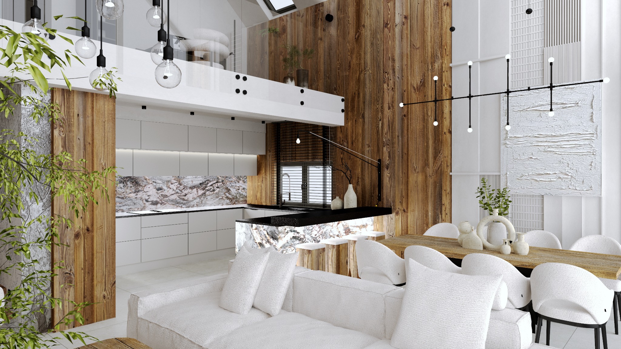 Jasne wnętrze z drewnianą ścianą, białymi meblami i wyspą kuchenną z marmurowym blatem, minimalistyczna lampa wisząca nad stołem jadalnym, roślina w rogu, widok z niskiej perspektywy.