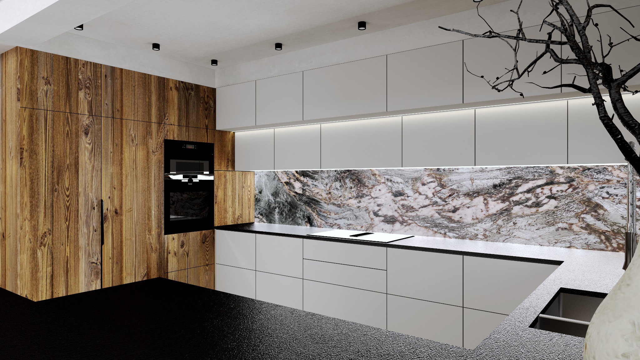 Nowoczesna kuchnia z drewnianą zabudową, marmurowym backsplashiem i minimalistycznymi białymi szafkami.