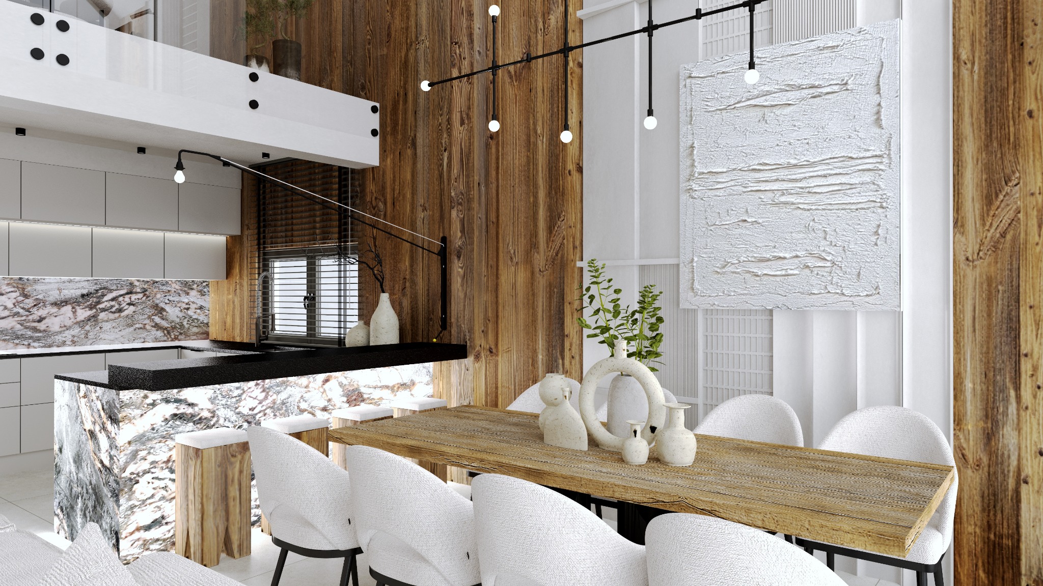 Nowoczesna jadalnia z drewnianym stołem, białymi krzesłami, marmurową wyspą kuchenną i dekoracyjnymi wazonami.