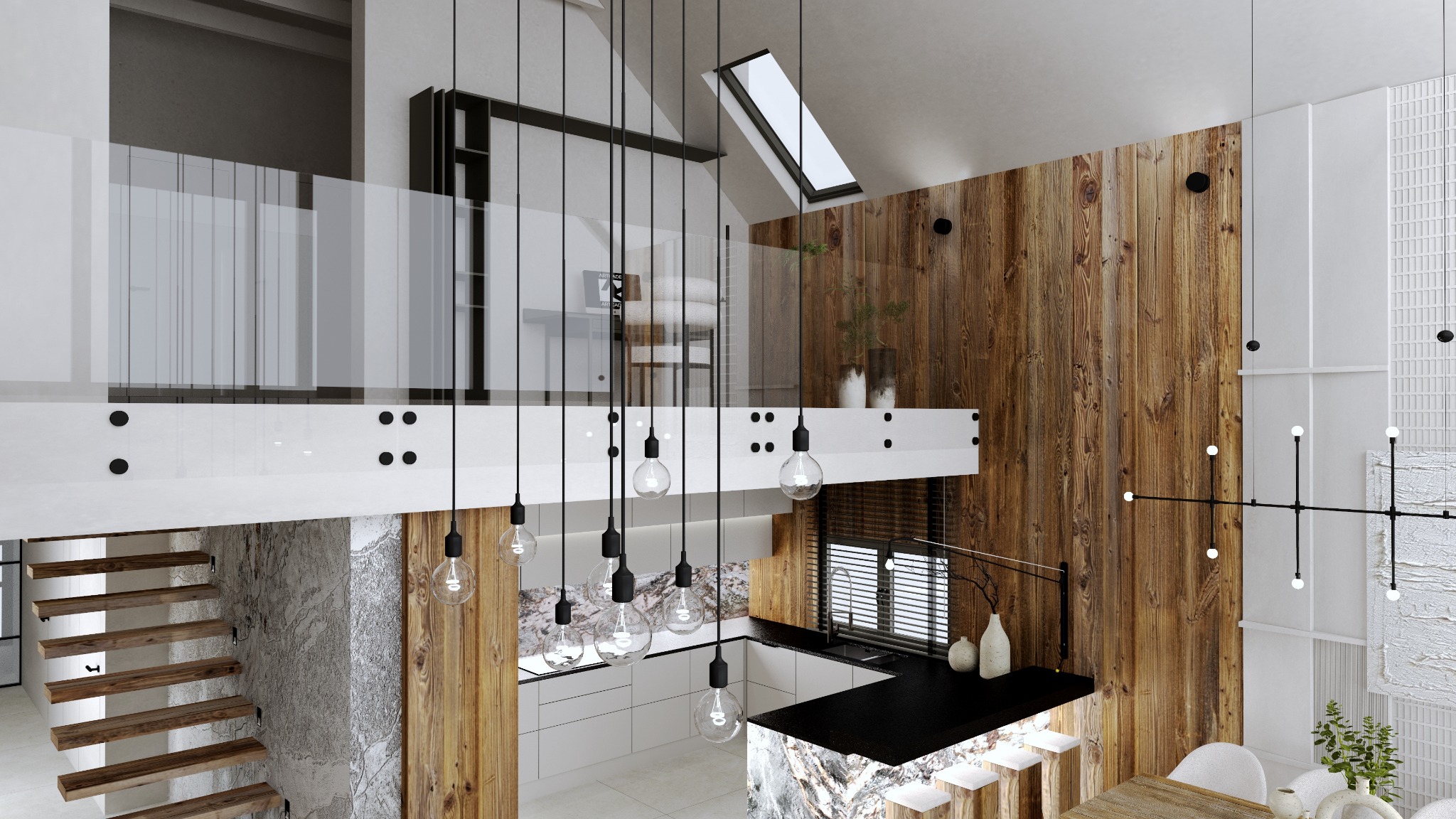 Dwupoziomowe mieszkanie z drewnianą ścianą, marmurowym blatem kuchennym i wiszącymi lampami z żarówkami Edisona