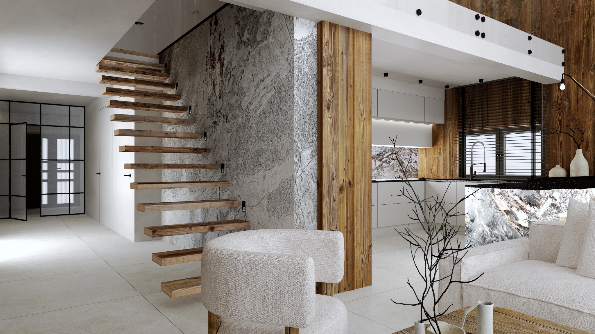 Nowoczesne wnętrze z drewnianymi schodami, ścianą z efektem marmuru, białym fotelem boucle i widokiem na kuchnię z drewnianymi akcentami.
