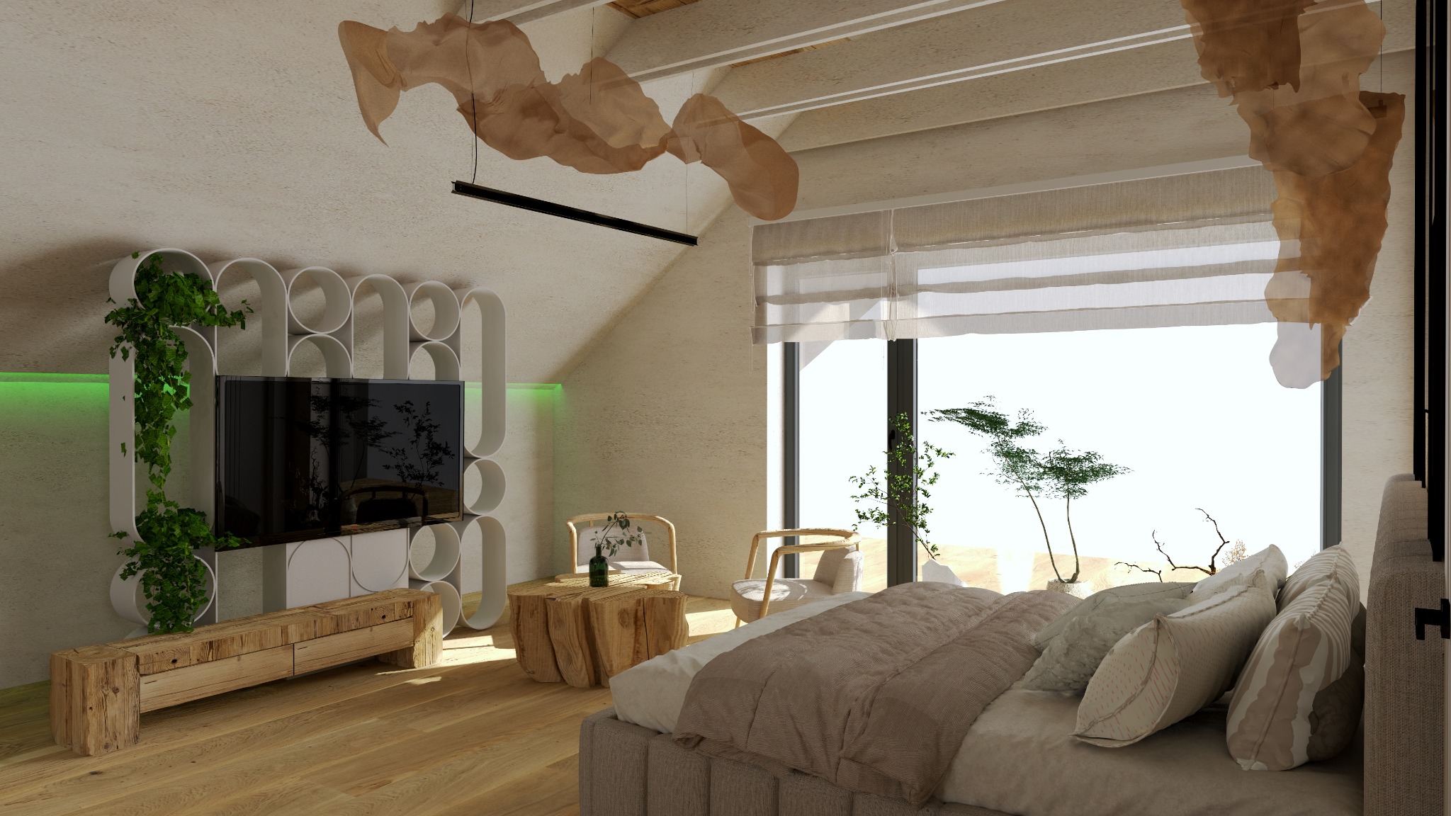 Jasna sypialnia na poddaszu z drewnianą podłogą, minimalistycznym regałem z roślinami obok telewizora, stolikiem kawowym z pnia i dekoracją sufitową przypominającą tkaninę.