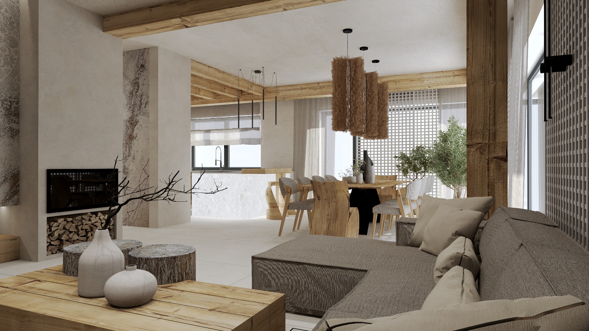 Jasne wnętrze domu w stylu rustykalnym z drewnianymi belkami, kominkiem z ułożonym drewnem, sofą z poduszkami, stołem jadalnym z krzesłami i lampami wiszącymi z naturalnych materiałów.