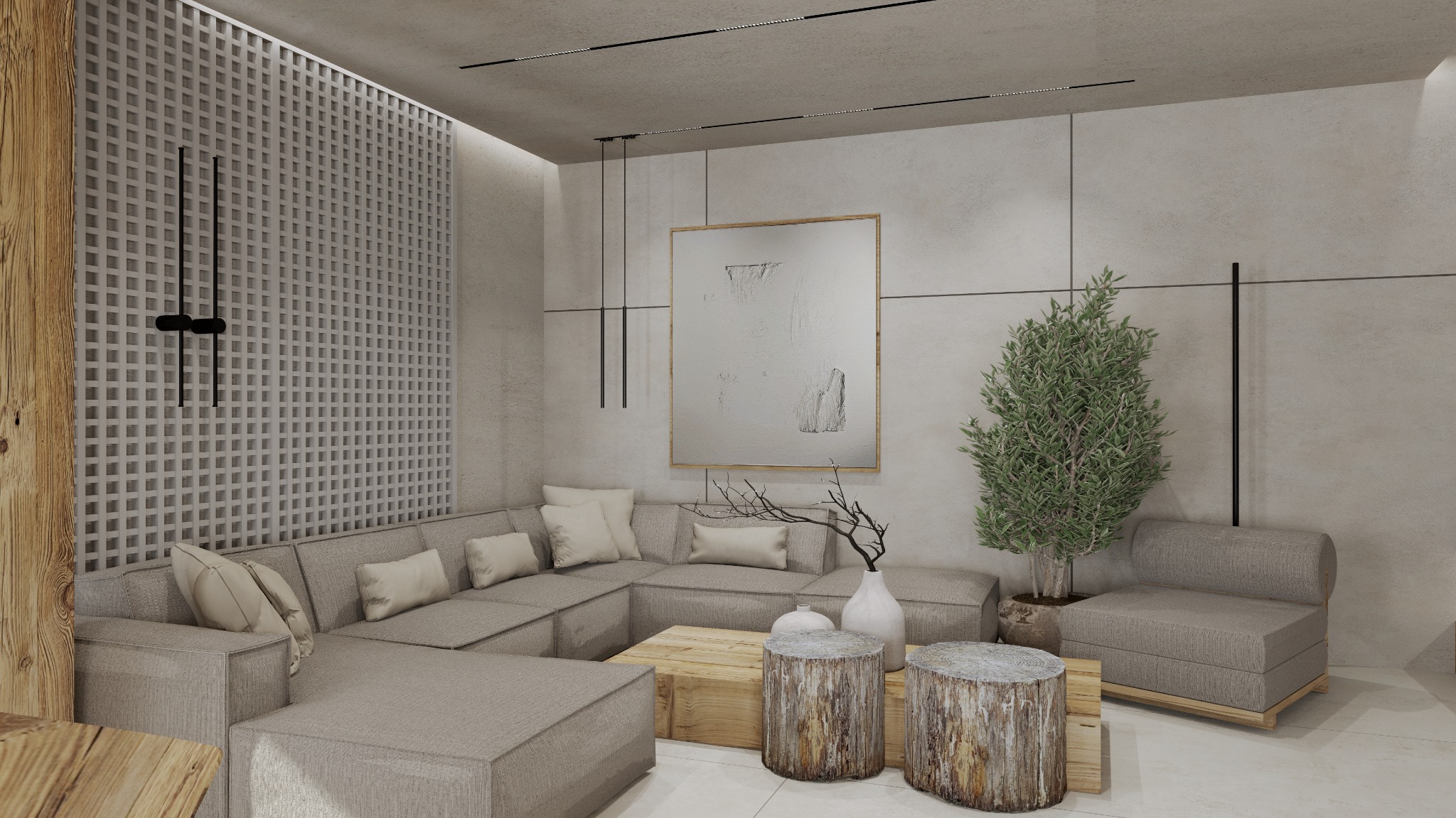Wizualizacja salonu w neutralnych barwach z modułową sofą, drewnianym stolikiem kawowym i dekoracyjną ścianą z ażurową kratą oraz minimalistycznym zegarem.