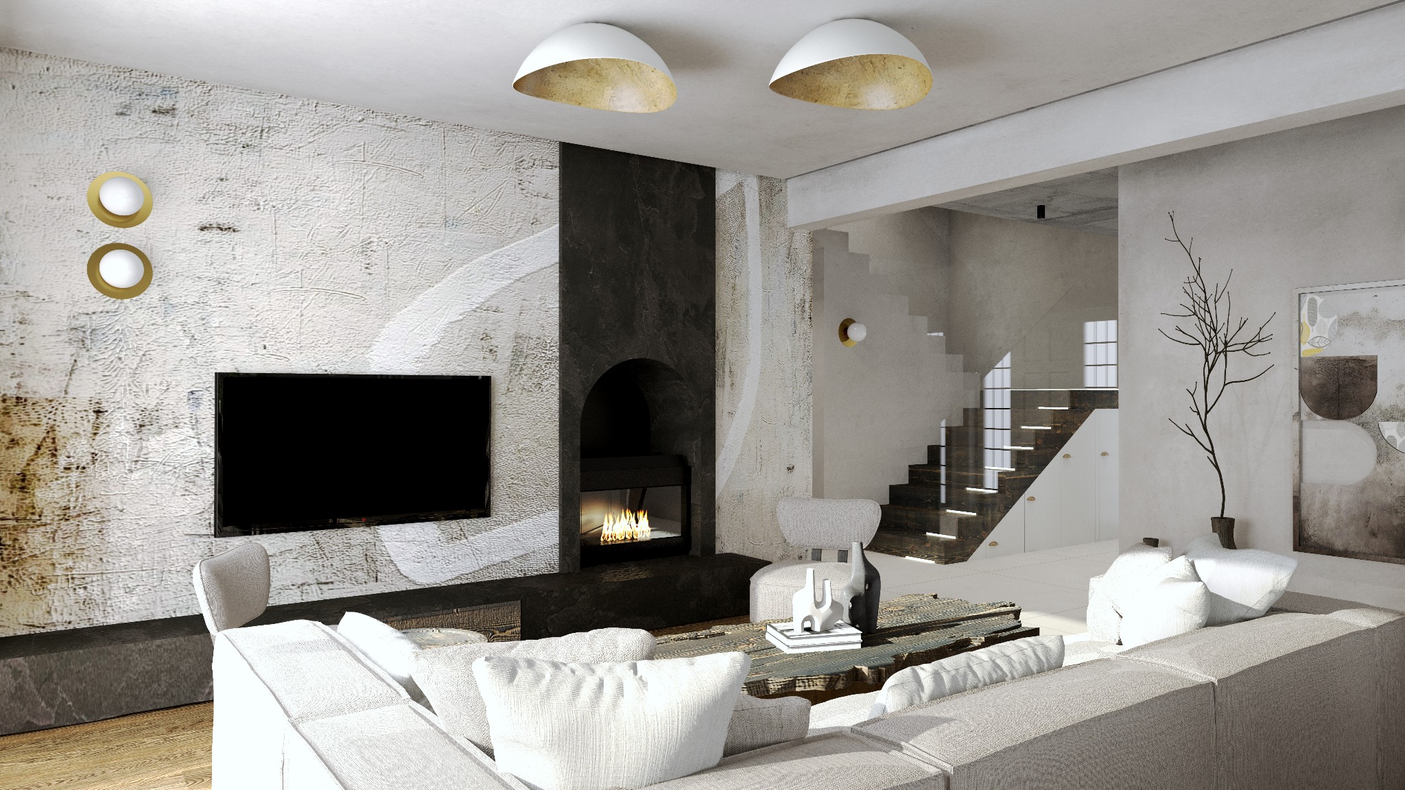Jasny salon z kominkiem, telewizorem i schodami, oświetlony lampami sufitowymi z elementami w kolorze złota, dekorowany abstrakcyjnymi obrazami i suchymi gałązkami w wazonie.