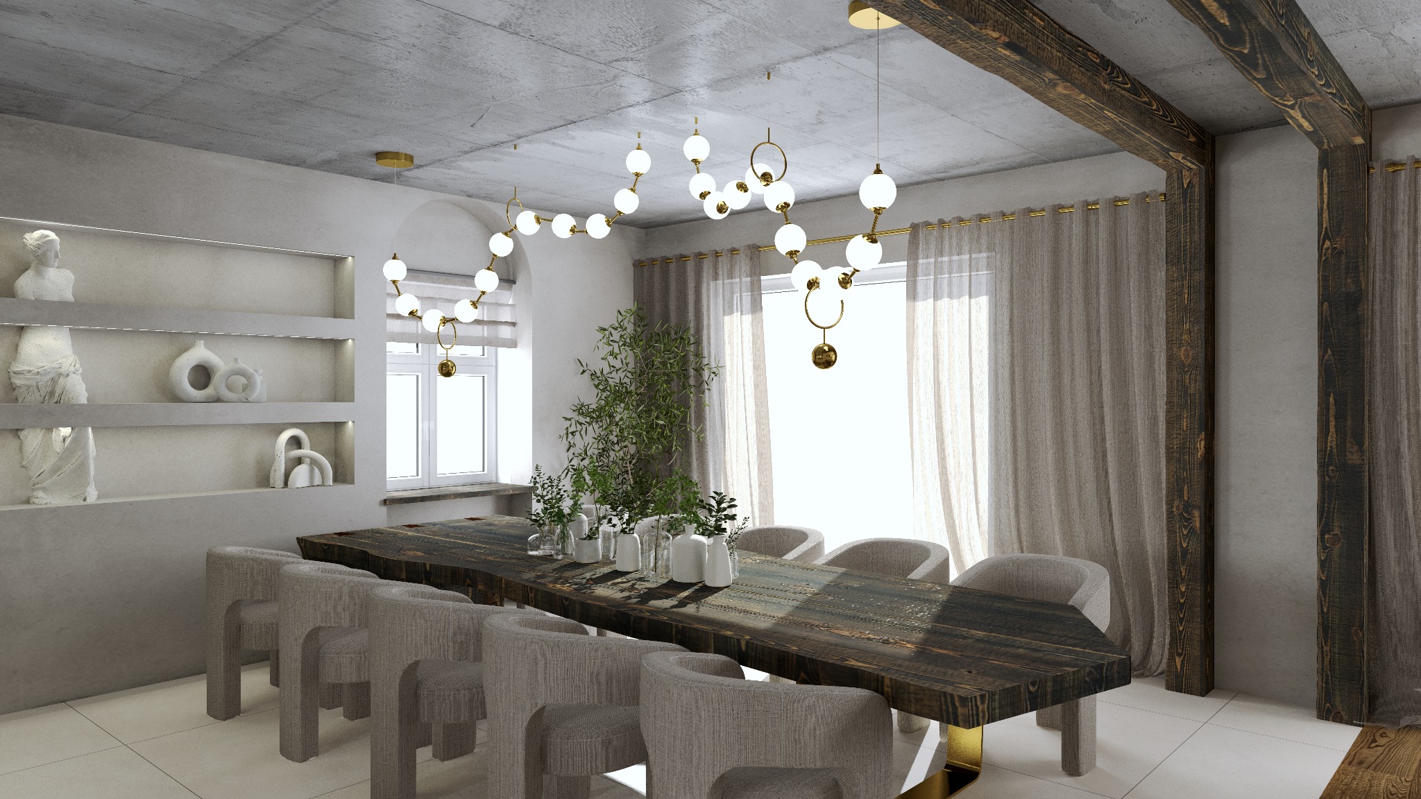 Jadalnia w stylu minimalistycznym z surowym betonowym sufitem, drewnianymi belkami, długim stołem z ciemnego drewna, szarymi krzesłami i dekoracyjnym oświetleniem.