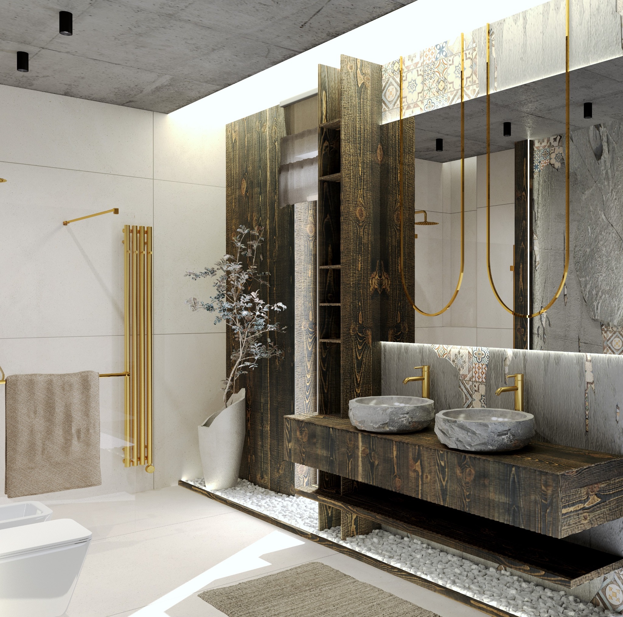 Nowoczesna łazienka z betonowym sufitem, drewnianą zabudową umywalki z kamiennymi misami, złotą armaturą i grzejnikiem drabinkowym, oraz dekoracyjnym oświetleniem LED.